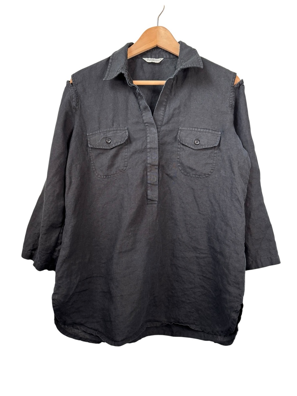 Park Bravo 100% Linen Black Popover Shirt Medium Shoulder Cut Outs Lagenlook